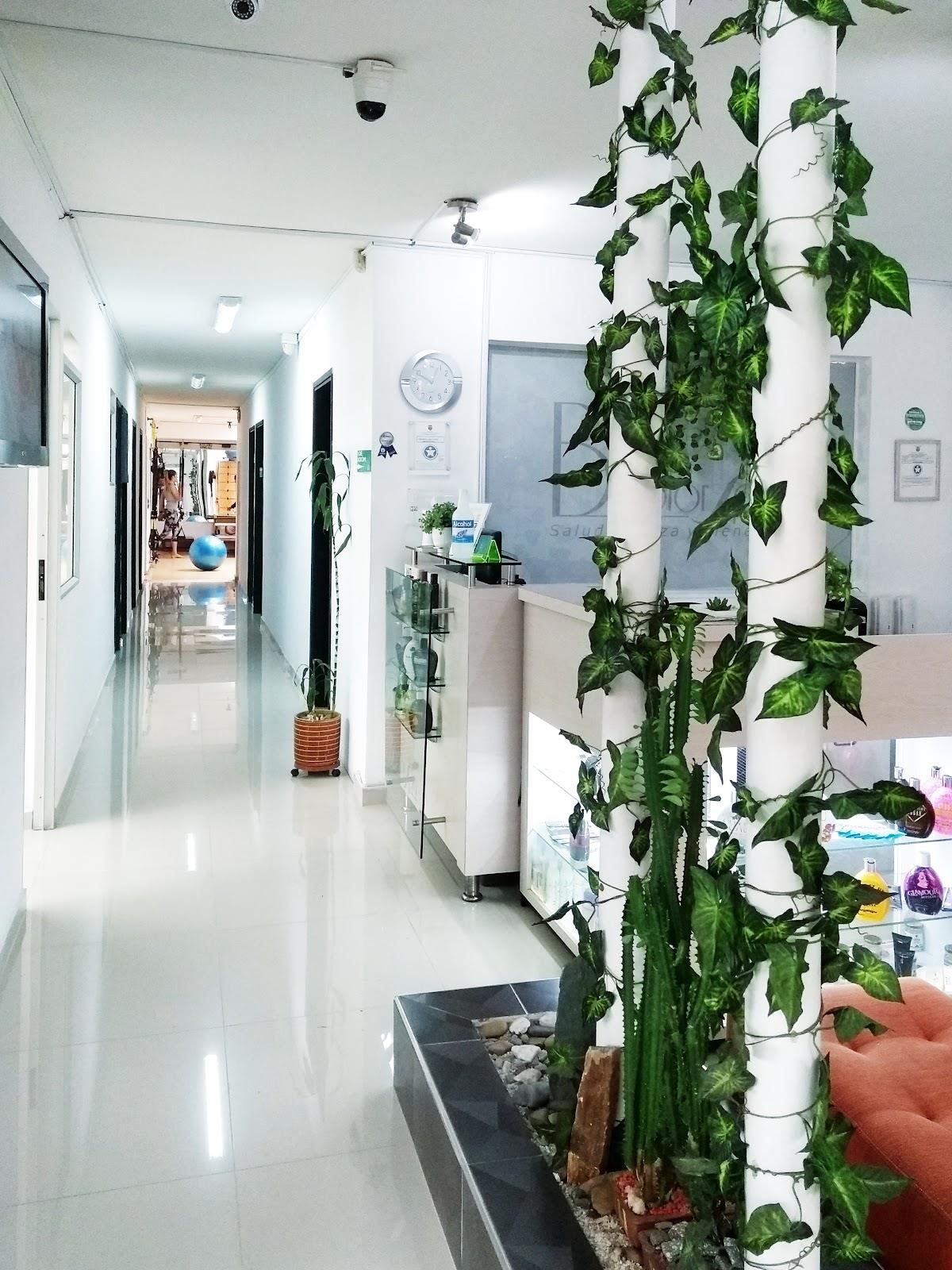 Pasillo blanco de Bcolor Spa con columnas de plantas